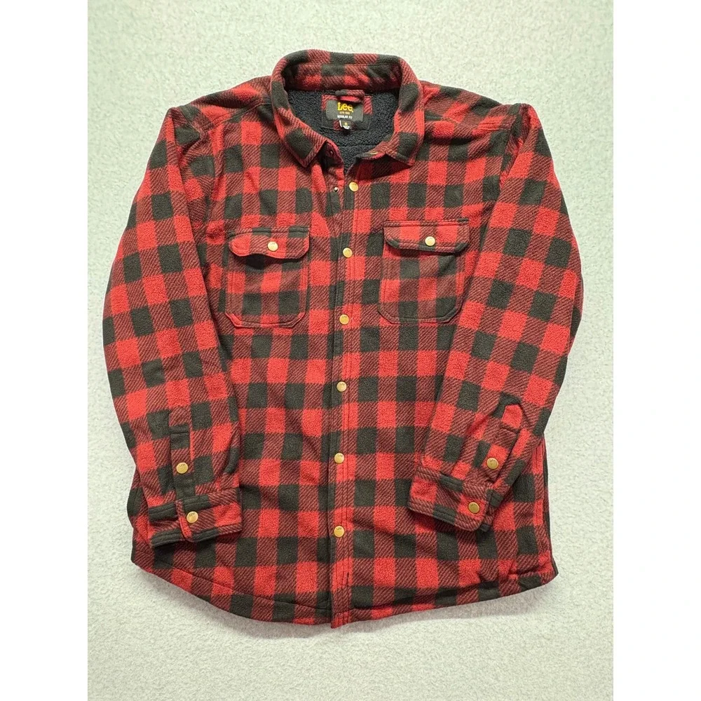 Lee Mens XL Red Black Buffalo Plaid Fleece Lined Flannel Snap‎ Shirt Jacket